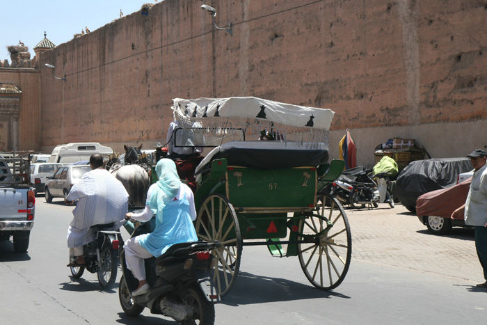 Det er med at holde tungen lige i munden, når man færdes i den gamle bydel i Marrakech. Det vrimler med hestevogne, knallerter, gående og biler. Fodgængere er ikke fredet her.