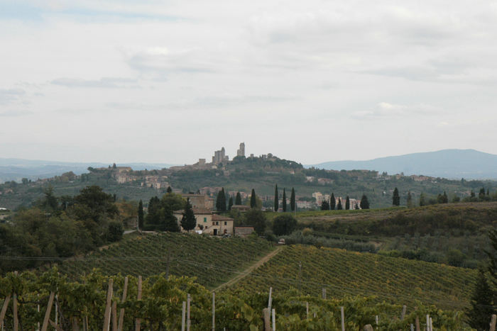 Landskabet i Toscana er meget afvekslende med vinmarker, oliventræer, cypresser, pinjetræer og anden skov. Det er middelalderbyen San Gimignano, man ser oppe på toppen af bakken. 