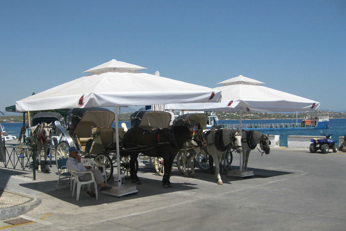 Man kan komme rundt på Spetses med hestevogn. Der er fine forhold for hestene, når de står og venter på næste kunde i den stegende hede.