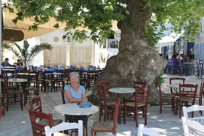 Skipperinden under det 145 år gamle platantræ på platia i Pirgos. Her var dejlig skygge og svalt.  
