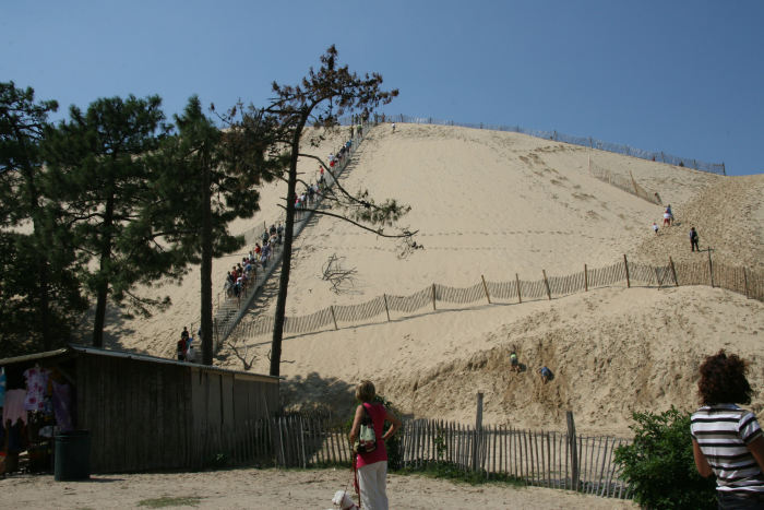 Dune du Pyla. Der var anlagt trapper op ad klitten, så det var forholdsvis let at komme op på toppen, selvom enkelte stønnede slemt i varmen. 