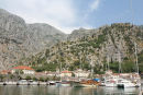 Havnen i Kotor i Montenegro. Man kan lige skimte den lange bymur, der snor sig op ad bjerget op til den store fæstning på toppen. 