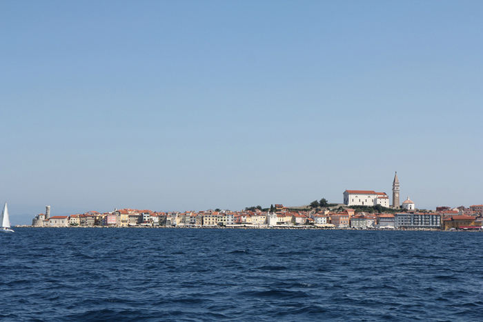 Piran i Slovenien set ude fra havet. Som i så mange andre byer, er det den store kirke på toppen af klippen, der dominerer billedet.