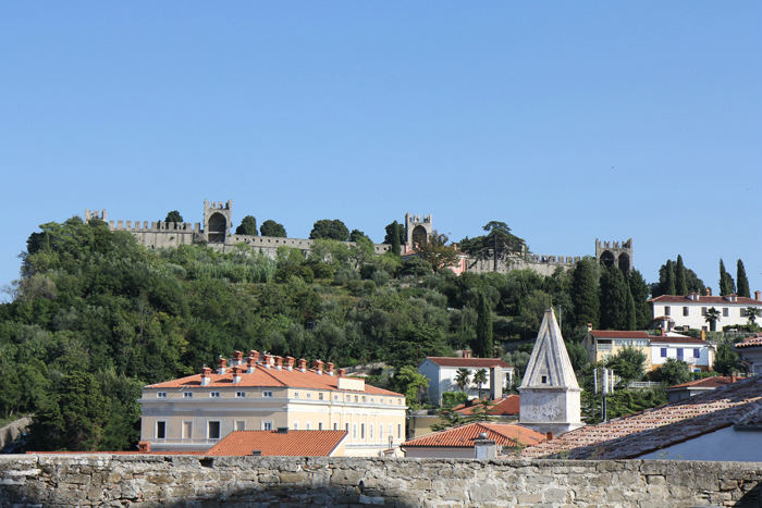 Den gamle bymur i Piran. Muren set oppe fra Sv. Jurij-kirken.