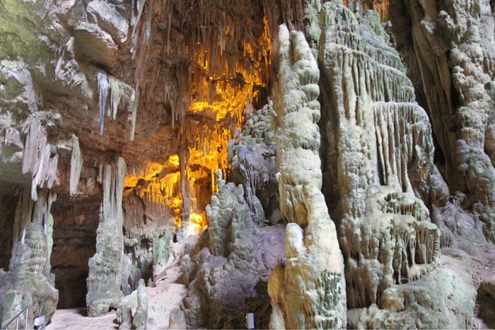 Grotte di Castellana. Lige ved nedgangen til de store grotter var 'loftet' faldet ned, og der var sollys. Det eneste sted, vi måtte fotografere. 