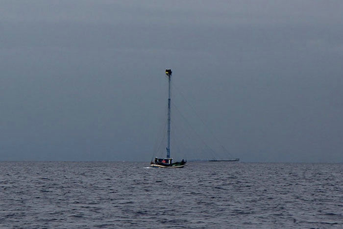En af de meget specielle både, som de fanger sværdfisk med. Her i funktion lige nord for Messinastrædet.