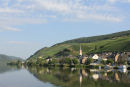 Morgenstemning på Mosel. Det er den lille by Merl, der spejler sig i vandet.