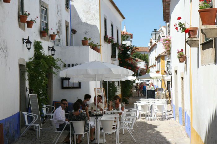 En af de meget smalle gader i byen Obidos, hvor der var blomster overalt. Det var en rigtig charmerende, gammel by.