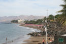 Der var rigtig gang i strandlivet på Lanzarote. Her stranden i Puerto del Carmen med alle de rød/blå parasoller.