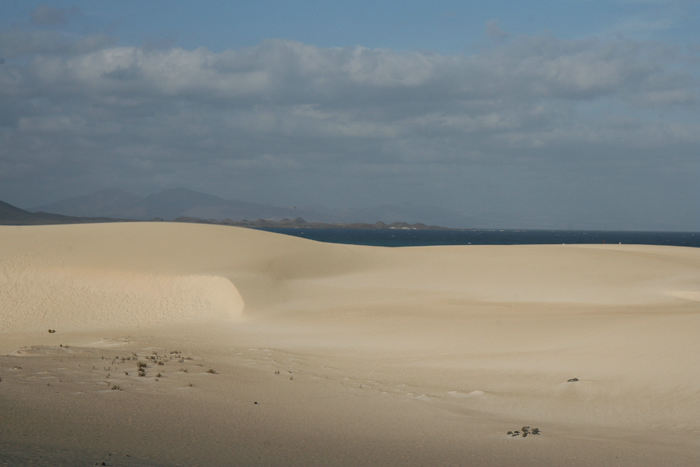 Der findes kæmpemæssige sandklitter på både den nordlige og sydlige del af Fuerteventura. Her er det Dunas de Corralejo på den nordlige del af øen. I baggrunden skimtes vulkanerne på Lanzarote.